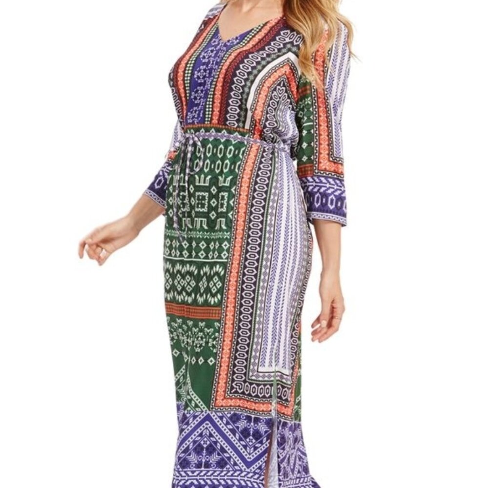 Anthropologie Purple and Green Patterned Maxi Dress